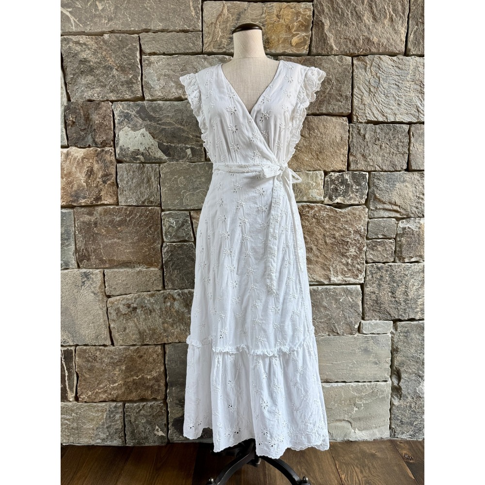 Outerknown Eyelet Kahlo Wrap Dress XS/S White Maxi Ruffle Cottage Feminine Airy - Picture 3 of 14
